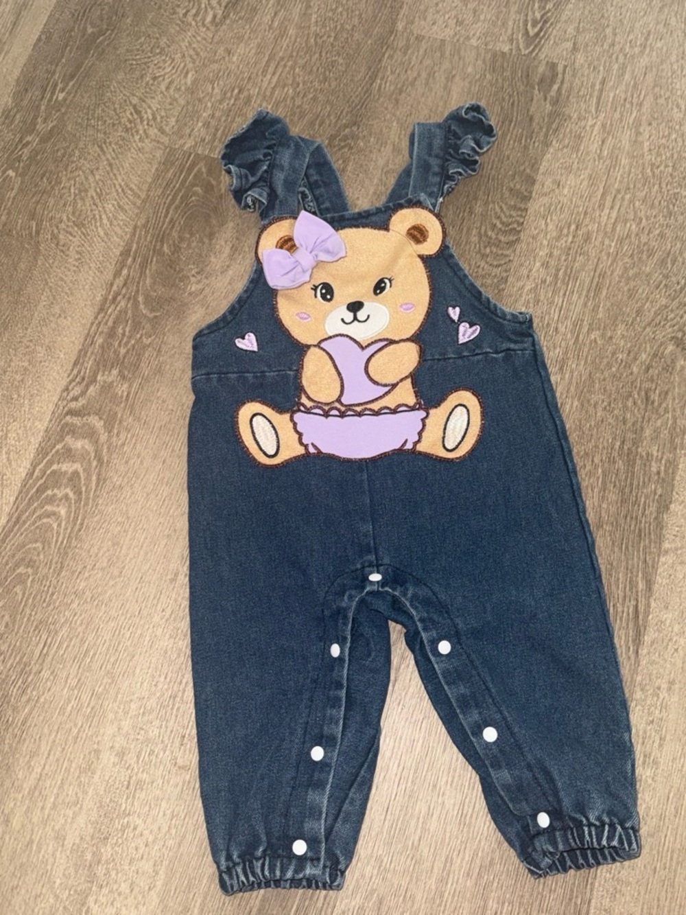 Baby Girls Navy Denim Bear Overall with Lavender Accent